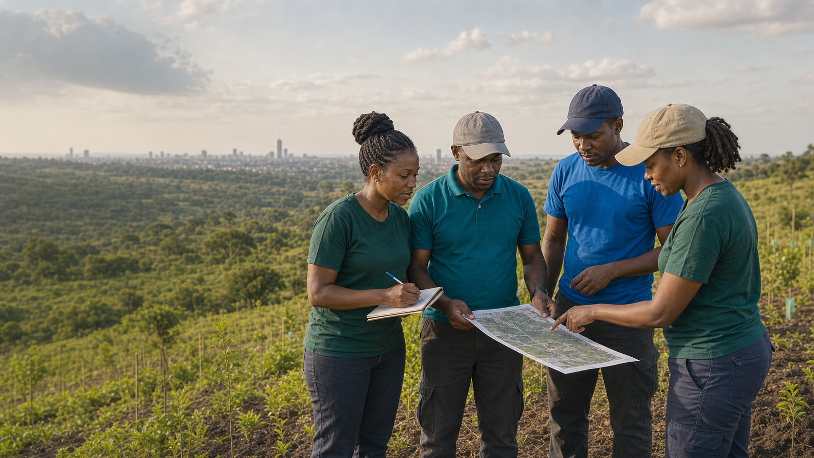Climate Frontiers field team reviewing a restoration site