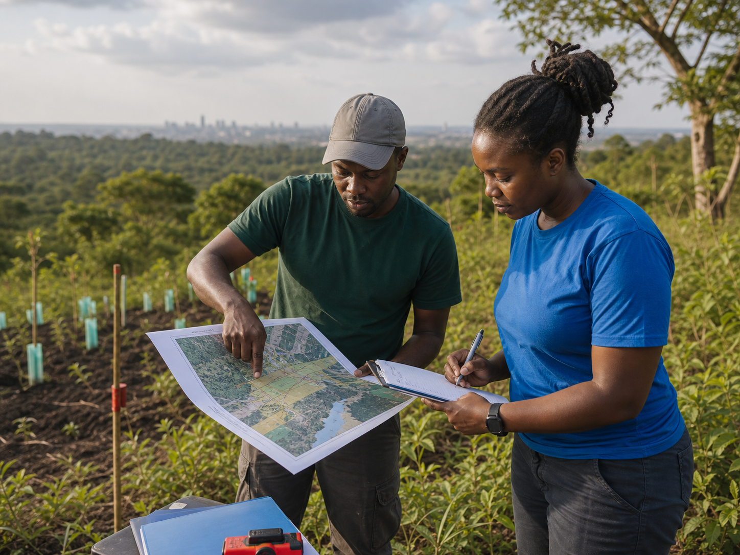 Climate Frontiers staff reviewing field plans before a project