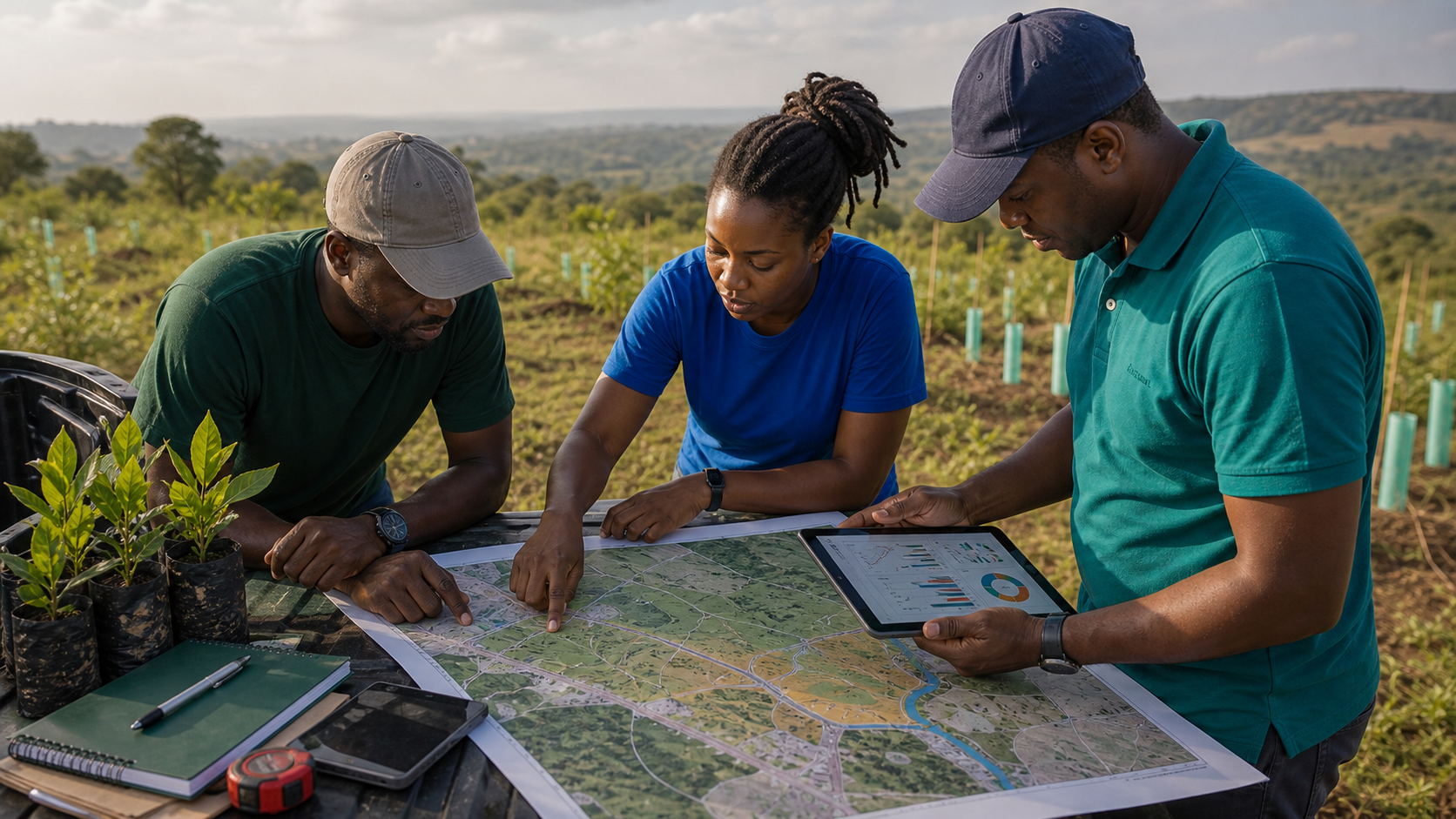 Climate Frontiers team reviewing a field planning map